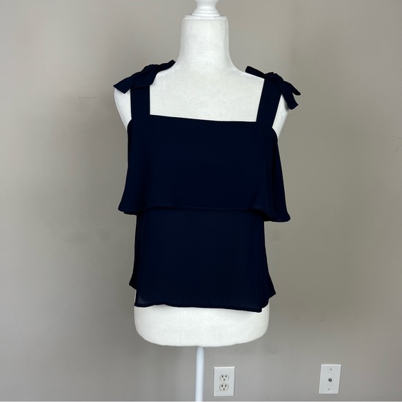 LOFT TIERED SQUARE NECK TANK TOP BOW STRAPS SIZE SMALL PETITE NAVY BLUE - Picture 14 of 16